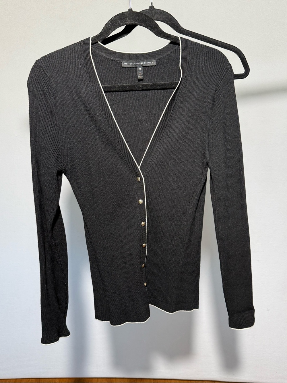 White House Black Market Black Ribbed V-Neck Cardigan with White Contrast - Picture 1 of 6